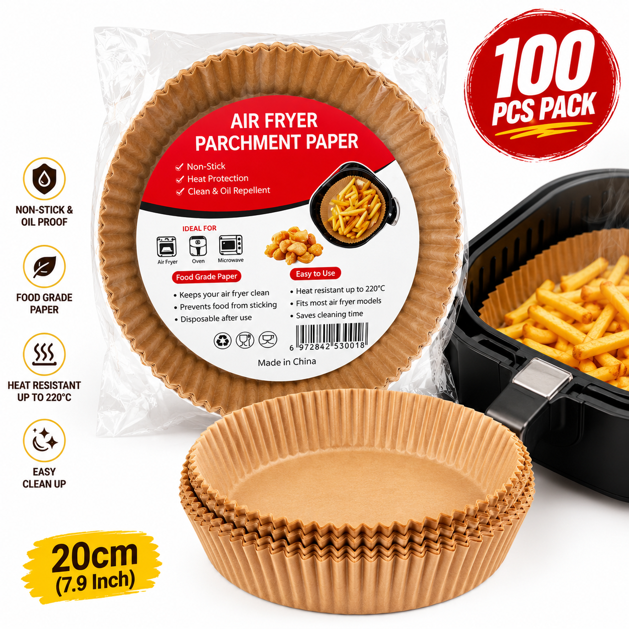 Air Fryer Liners (100 PCS) | Disposable Non-Stick Baking Paper | 20cm