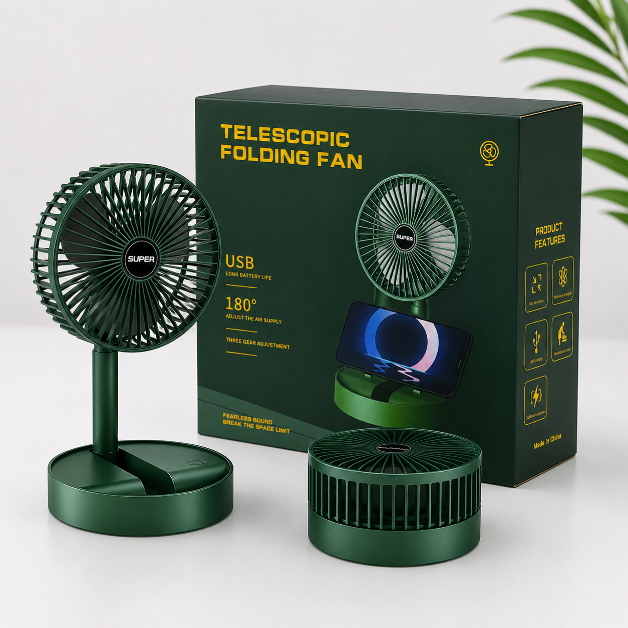 Telescopic Folding Fan | USB Rechargeable Portable Desk Fan with Phone Holder